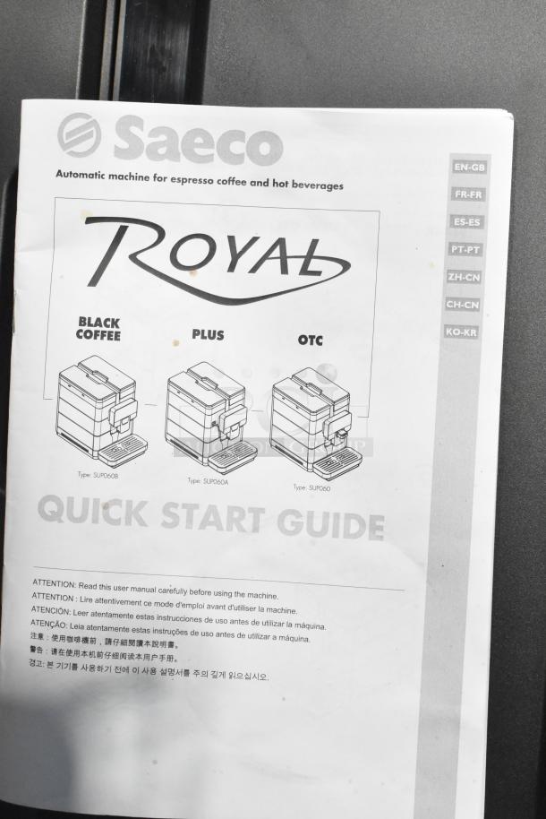 Saeco New Royal OTC Espresso Machine manual, showing Black Coffee, Plus, OTC models. Instructions in multiple languages.