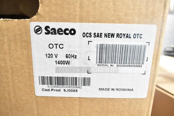 Label on Saeco OCS SAE New Royal OTC Espresso Machine box, 120V, 60Hz, 1400W, Serial: 9023NWR0056682, made in Romania.