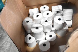 Two boxes of receipt printer rolls, new condition, approximately 20 rolls per box, ideal for retail use.