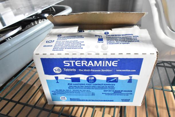 Box of Steramine 1-G Tablets on shelf; multi-purpose sanitizer for sanitizing food contact surfaces, includes 150 tablets.