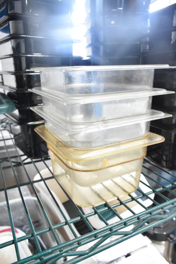 Two-tiered lot with transparent poly drop-in bins on a metal shelf. Includes kitchen utensils and an ingredient bin.