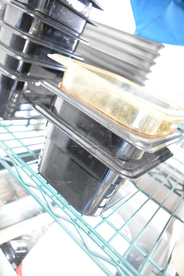 Two-tier lot with poly drop-in bins, utensils, and ingredient bin on a green wire shelf. Mixed materials, used condition.