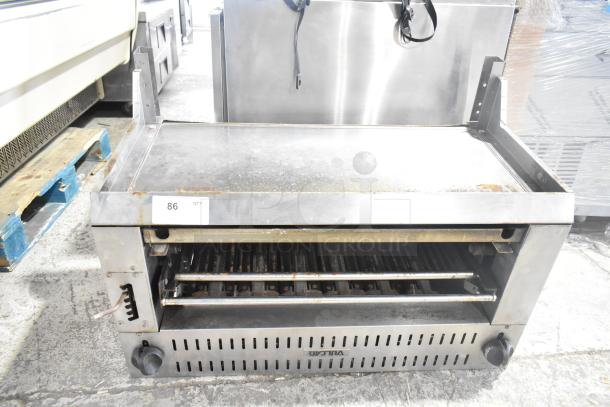 Vulcan Commercial Gas Cheese Melter with adjustable shelves, stainless steel body, used condition, item label "86."