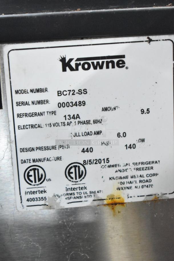 Krowne BC72-SS back bar bottle cooler label showing model, serial number, voltage, and ETL certification.
