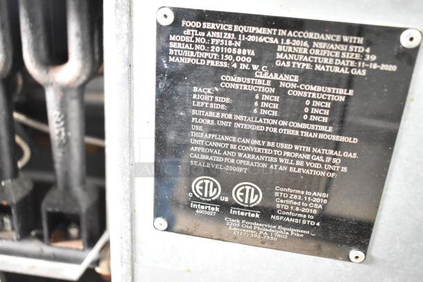 2020 Avantco FF518-N natural gas deep fat fryer, 150,000 BTU, with manufacturer label detailing compliance standards and specifications.