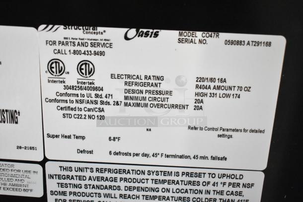 Structural Concepts Oasis CO47R label showing model, electrical rating, and certifications. 220V, 1 Phase, 16A.