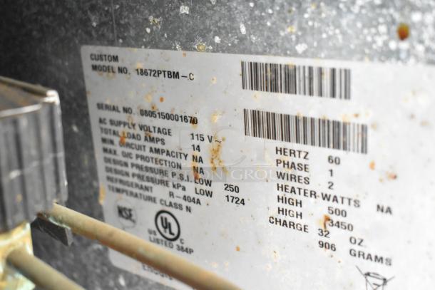 Label on Delfield 18672PTBM-C Pizza Prep Table showing model, serial number, voltage 115V, phase 1, and UL certification.