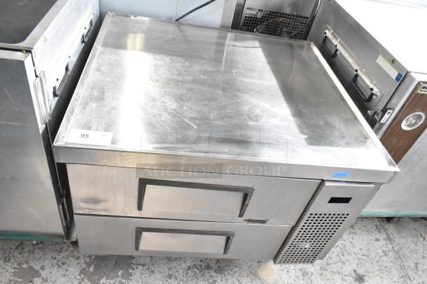True TRCB-36 commercial chef base with 2 drawers, stainless steel, on casters. Model TRCB-36, 115 volts, 1 phase.
