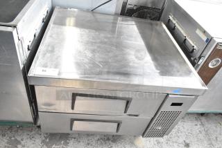 True TRCB-36 commercial chef base with 2 drawers, stainless steel, on casters. Model TRCB-36, 115 volts, 1 phase.