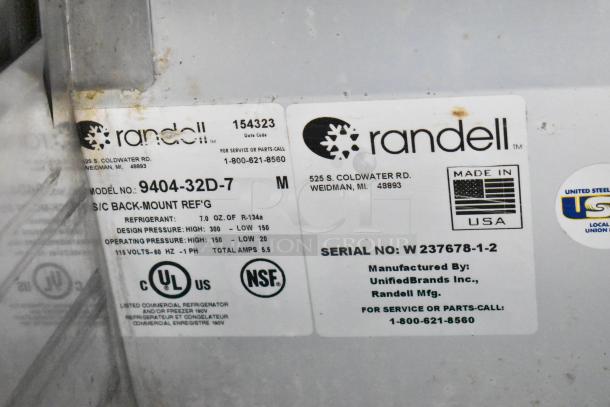 Randell 9404-32D-7 undercounter cooler label, 115V, 1-phase, features refrigerant info, NSF and UL certifications, Made in USA.