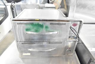Wells W23HD Commercial 2 Drawer Warming Drawer, stainless steel, visible wear, 120 Volts, 1 Phase, Wells logo on side.