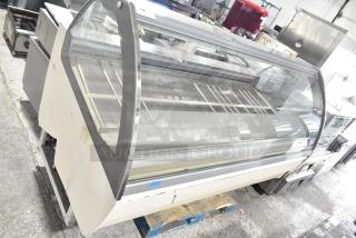 Strike C83F-G12-STL Gelato Case Merchandiser, floor model, 220V, 1 phase, large curved glass with visible wear, industrial setting.