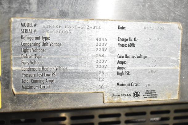 Strike C83F-G12-STL gelato case label, 220V, 1-phase, model and serial number visible. Refrigerant 404A, ETL listed.