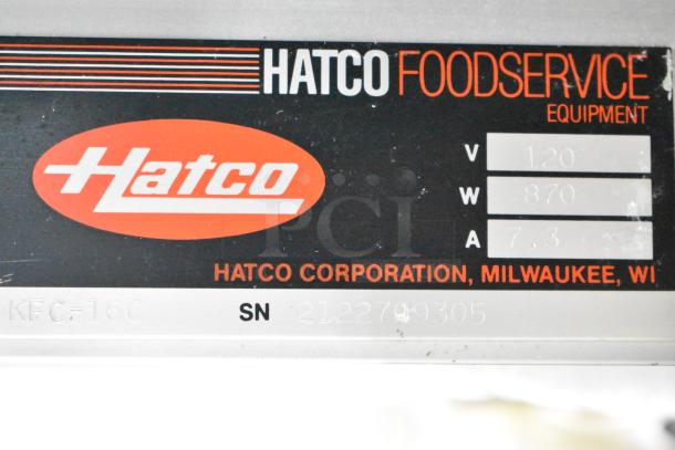Hatco Commercial Warming Strip label showing 120 volts, 870 watts, model KEC-16C, serial number partially visible.