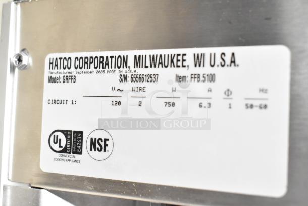 Hatco GRFFB Glo-Ray Countertop Warming Lamp label, showing model and serial number, 120 volts, UL and NSF certified.