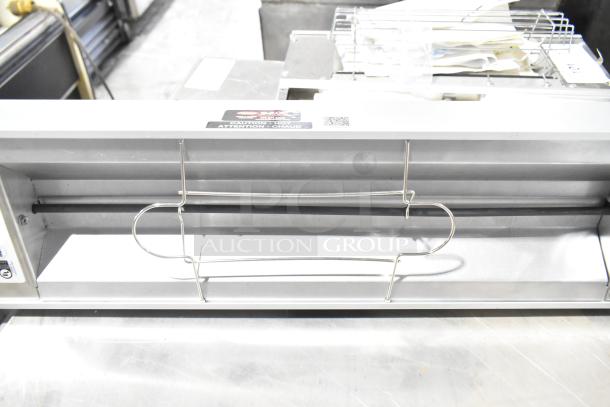 Hatco GRFFB Glo-Ray countertop warming lamp, 120 volts, 1 phase, stainless steel, excellent condition, safety label visible.