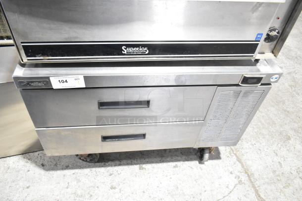 Delfield Commercial 2 Drawer Chef Base on casters, 115 volts, stainless steel, good condition, model tag visible.