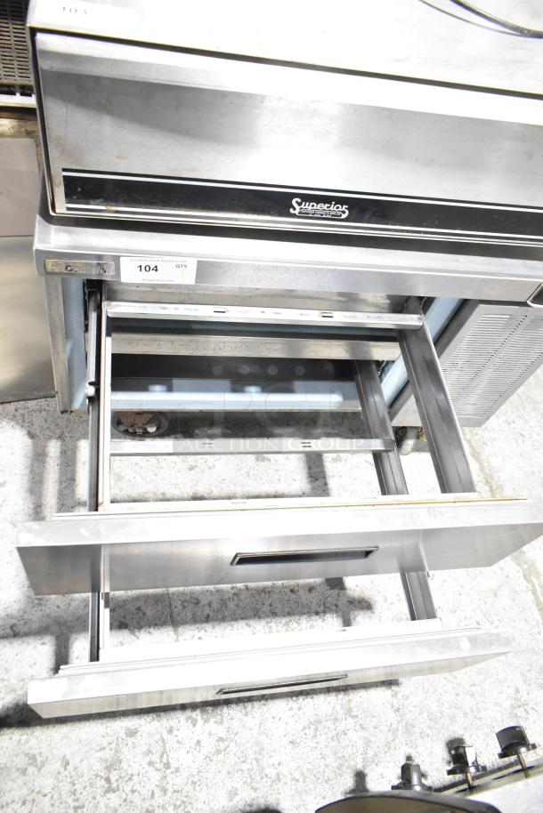 Delfield 2 Drawer Chef Base on casters, stainless steel, 115V, 1 phase, visibly marked "Superior", sturdy commercial use.