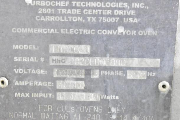 Turbochef HhC2020 commercial electric conveyor oven label with model and serial details; 208/240V, 3-phase.
