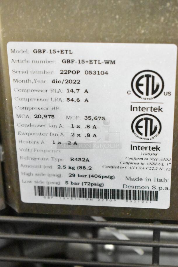 2022 Desmon GBF-15+ETL Stainless Steel Blast Chiller Shock Freezer, 4 Probes, 220V, 3 Phase, ETL Listed, Made in Italy.