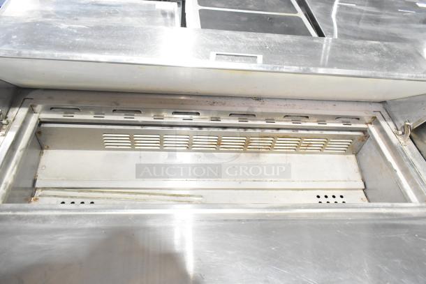 Everest EPR2 sandwich salad prep table with mega top, stainless steel, shown open, used condition, 115V, 1 phase.