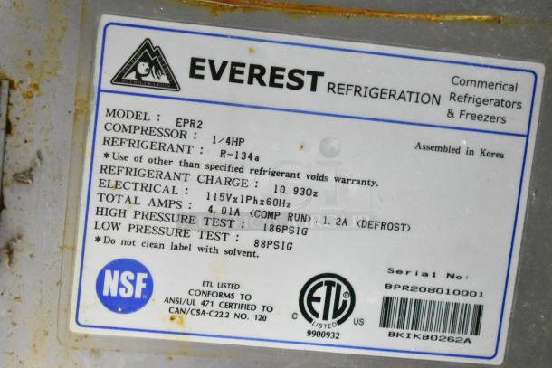 Everest EPR2 label detailing compressor specs, refrigerant type, electrical requirements, and certifications for prep table.