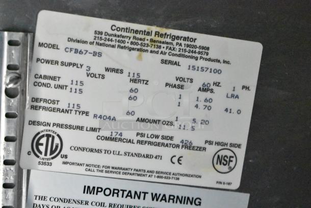 Continental CFB67-BS commercial freezer, 2 drawers, 1 door, on casters, model info label showing 115 volts, 1 phase.