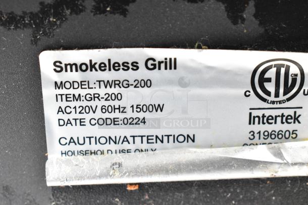 TWRG-200 Smokeless Grill label, Model: TWRG-200, 120V, 60Hz, 1500W, Date Code: 0224, Household Use.