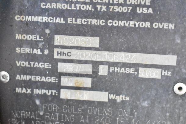 Turbochef HhC2020 commercial electric conveyor oven label, 208/240V, 3 phase, serial HhC 2020ED06424, 14.4KW input.