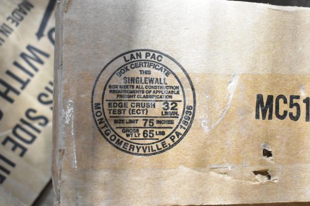 Box mark displaying "LAN PAC Box Certificate," showing size limit 75 inches and weight limit 65 lbs, Montgomeryville, PA 18936.