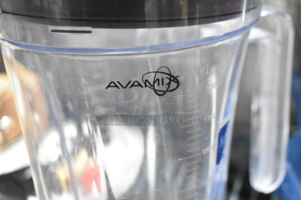 Avamix poly blender pitcher with measurement markings, clear plastic, good condition, includes ice scooper, and TableCraft crate.