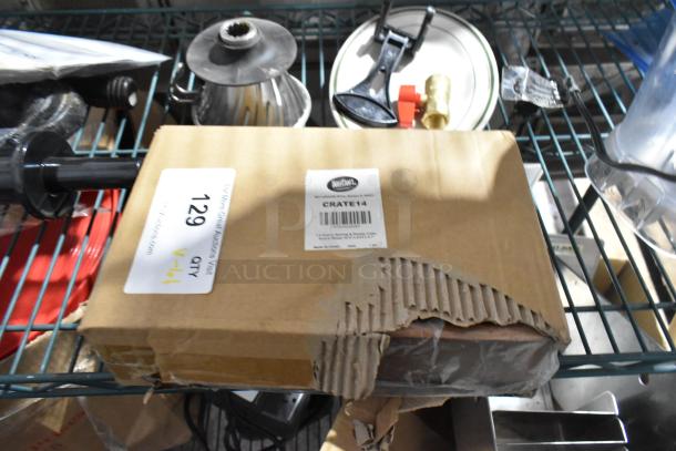 Lot of mixed items including a poly blender pitcher, ice scooper, and TableCraft CRATE14 serving crate. Box label visible.