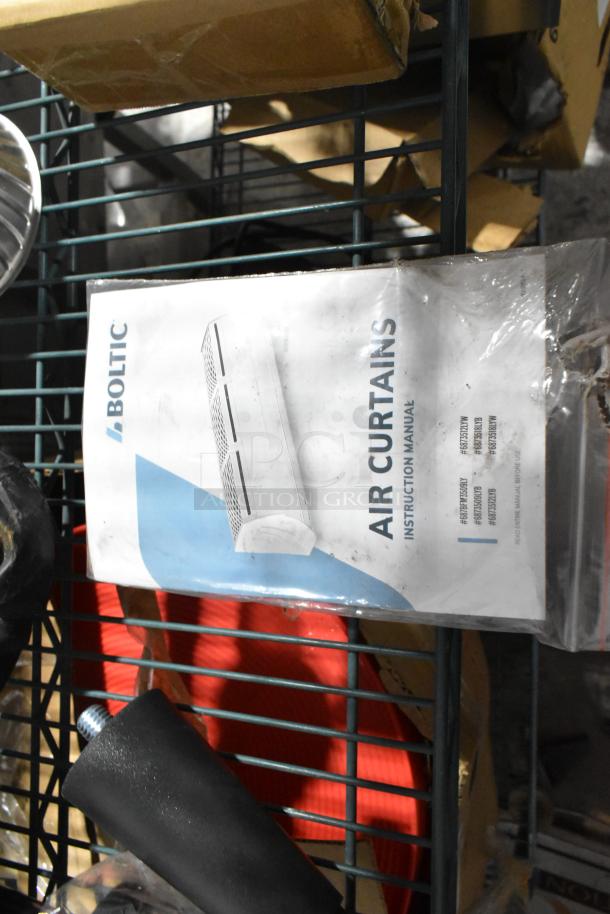 Lot with Poly Blender Pitcher, Ice Scooper, and TableCraft CRATE14 Crate; visible Air Curtains manual from BOLTIC.