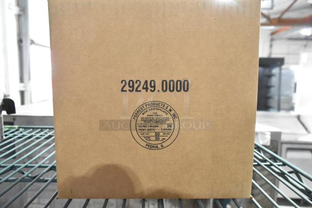 Cardboard box labeled "29249.0000" containing a countertop juicer. Box certification reads "Forrest Products Inc., Peoria, IL."