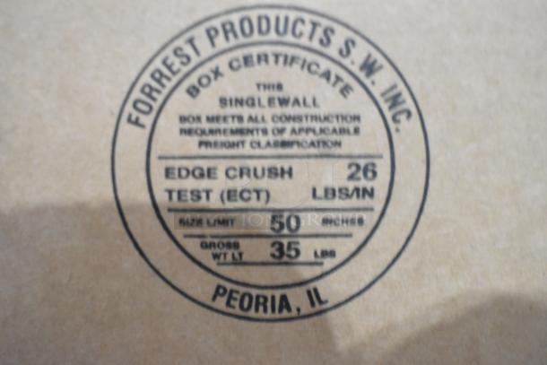 Label on box certifying construction requirements by Forrest Products S.W. Inc., ECT 26 lbs/in, size limit 50 inches.