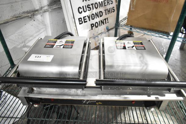 2023 Star GX20IG Commercial Double Panini Press, stainless steel, 208/240V, 1 phase, clean condition, visible safety labels.