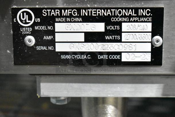 Label of a 2023 Star GX20IG Commercial Panini Press showing model number, voltage (208/240), and wattage (2700/3600).