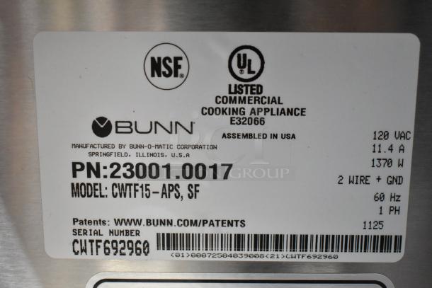 Label on Bunn CWTF15-APS Coffee Machine, NSF, UL certified, 120V, 1370W, assembled USA. Serial: CWTF692960. Brand new condition.