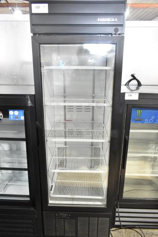 Habco SE18 single-door reach-in cooler merchandiser, black finish, glass door, 115 volts, 1 phase, excellent condition.