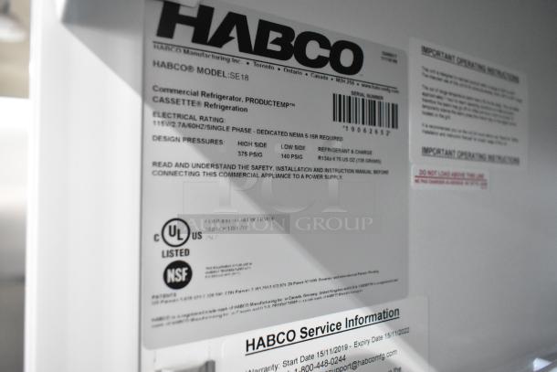 Habco SE18 Commercial Reach In Cooler label detailing model, electrical rating 115V, phase requirements, and certifications.