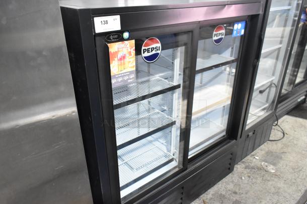 QBD CD4154-HC 2 Door Cooler Merchandiser, Pepsi decals, shelves, 115V, 1 Phase, good condition, auction tag visible.