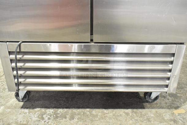 2021 True T-35-HC 2 Door Reach In Cooler, stainless steel, 115V, 1 phase, on casters, vented bottom panel visible.