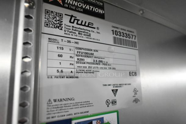 Label of 2021 True T-35-HC 2 Door Reach In Cooler, with model and specs, 115 volts, 1 phase, featuring R290 refrigerant.