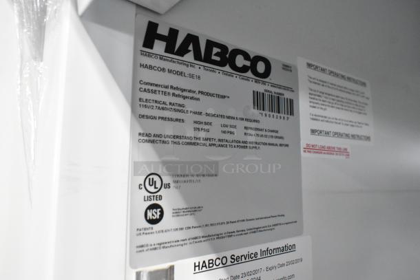 2019 Habco SE18 Commercial Single Door Reach In Cooler. Tags show model SE18, 115 volts, 1 phase. UL and NSF listed.