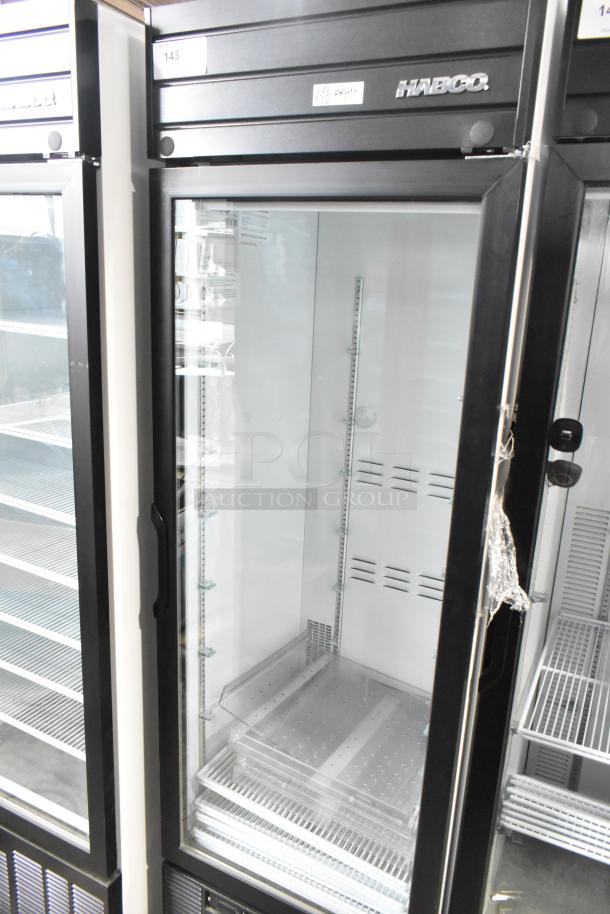 2019 Habco SE18 commercial cooler; single door, reach-in, glass front, shelving included, 115V, 1-phase, excellent condition.