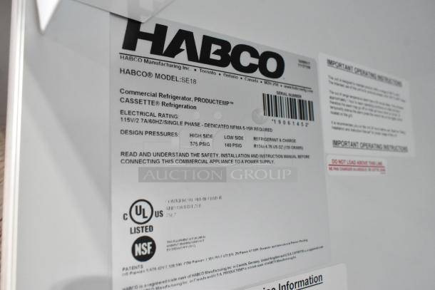 2019 Habco SE18 commercial cooler label details; 115 Volts, 1 Phase, UL listed, uses R134a refrigerant, 375/140 PSI design.