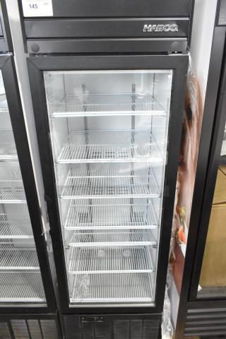 2019 Habco SE18 Commercial Single Door Reach In Cooler, black frame, glass door, multiple wire shelves, model SE18.