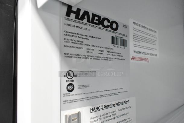 2019 Habco SE18 commercial reach-in cooler label showing model, electrical rating, and UL, NSF listings.