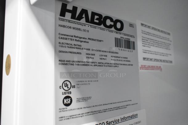 2019 Habco SE18 Commercial Reach-In Cooler label showing electrical specs, 115V 1-phase, UL and NSF listed, used condition.
