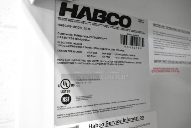 2019 Habco SE18 Reach In Cooler label, details electrical rating, UL and NSF certifications, and operating instructions.